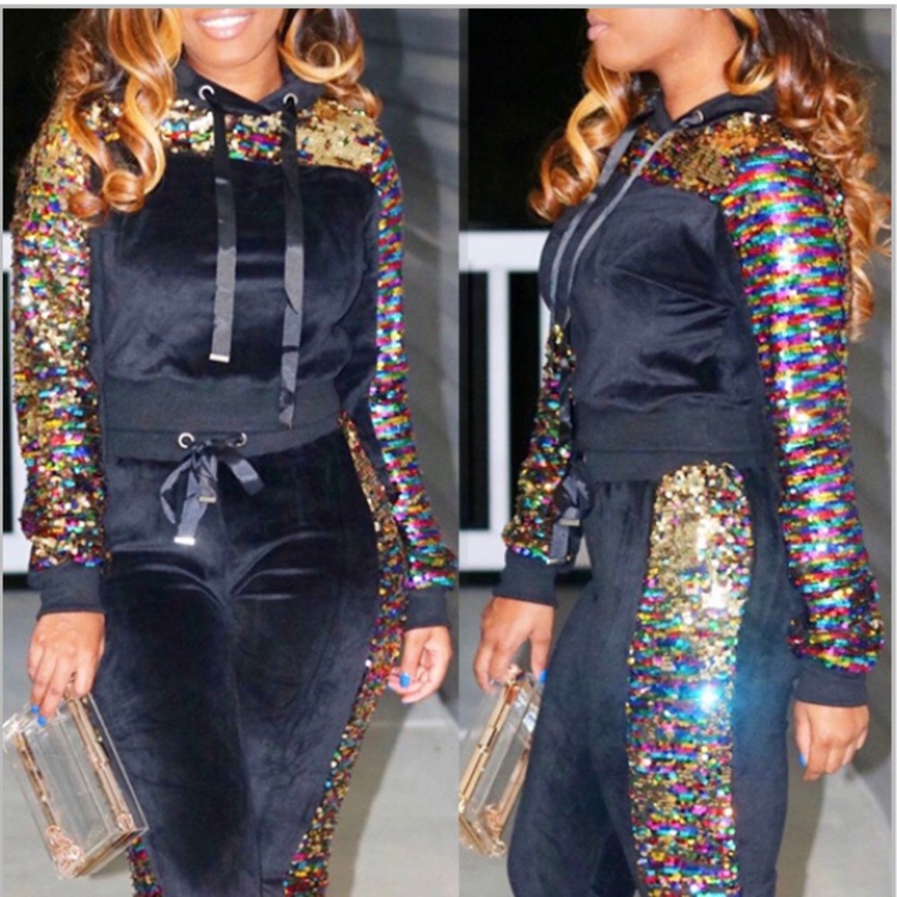 Two-piece pants set hooded collar black size XL